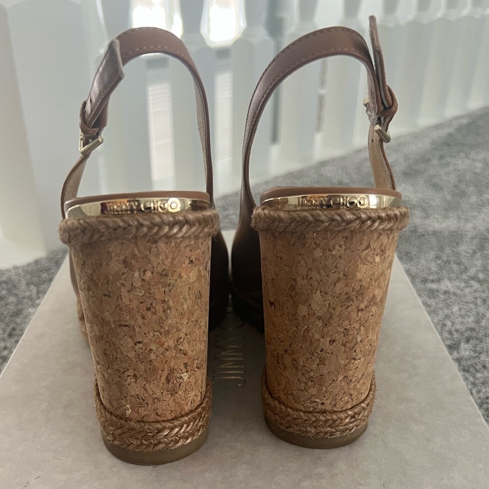 Jimmy Choo Carmel Brown Leather Wedge Sandals - Picture 6 of 13